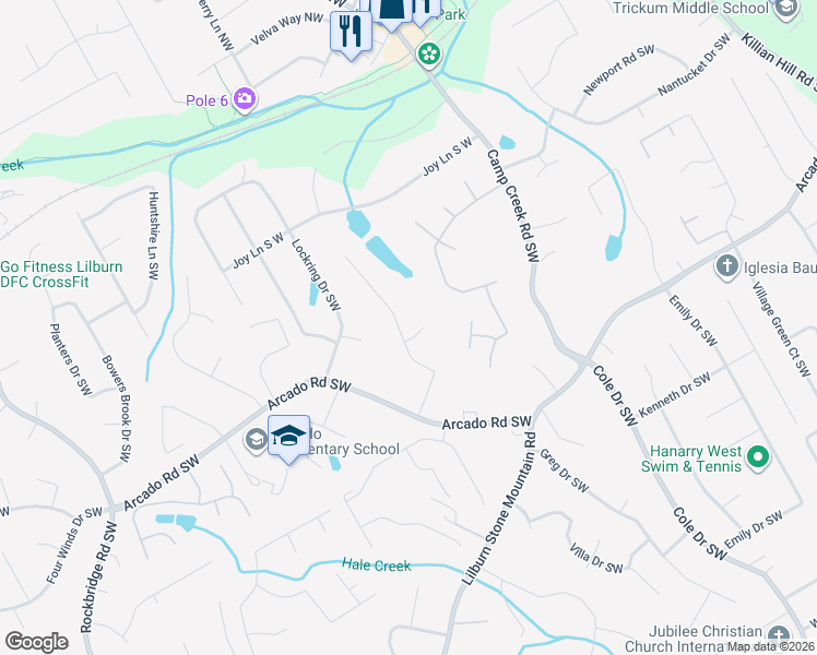 map of restaurants, bars, coffee shops, grocery stores, and more near 4947 Kettle Court Southwest in Lilburn