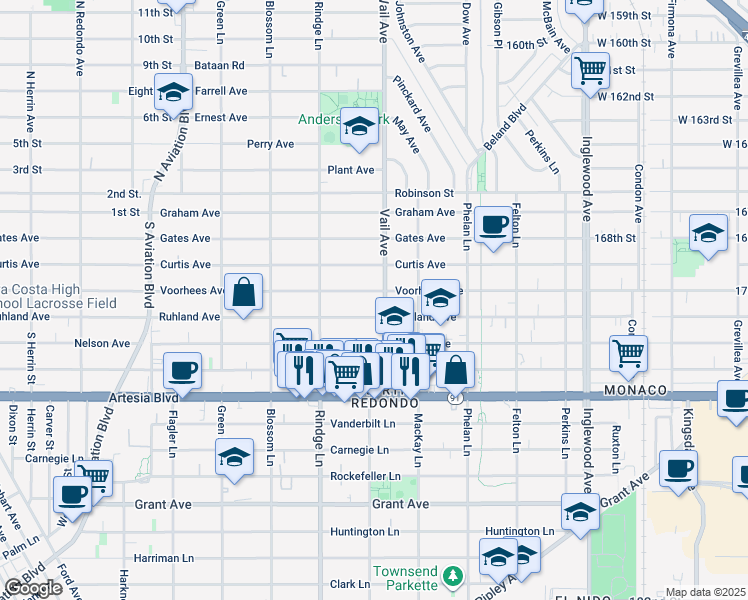 map of restaurants, bars, coffee shops, grocery stores, and more near 2221 Ruhland Avenue in Redondo Beach