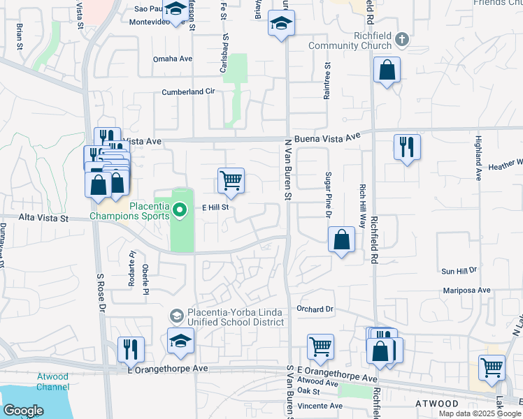 map of restaurants, bars, coffee shops, grocery stores, and more near 527 North Iwanaga Place in Placentia
