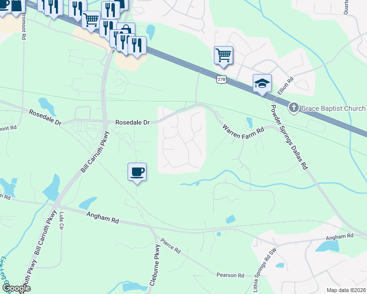 map of restaurants, bars, coffee shops, grocery stores, and more near 184 Chamberlyn Lane in Hiram