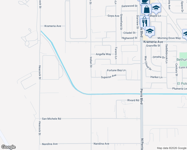 map of restaurants, bars, coffee shops, grocery stores, and more near 16840 Baltic Court in Moreno Valley