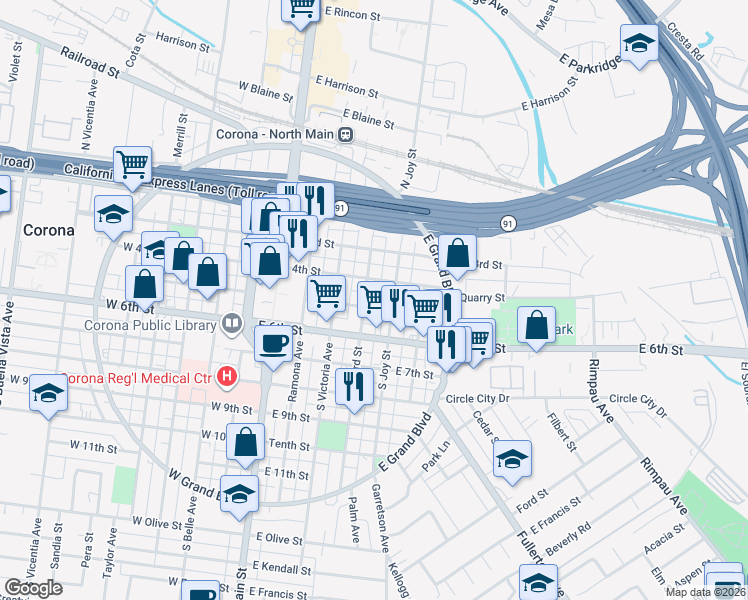 map of restaurants, bars, coffee shops, grocery stores, and more near 501 South Howard Street in Corona