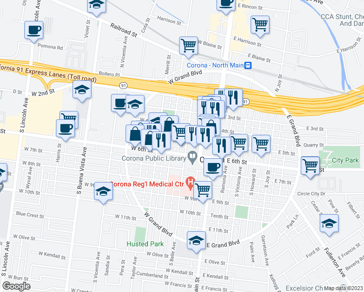 map of restaurants, bars, coffee shops, grocery stores, and more near 225 West 6th Street in Corona