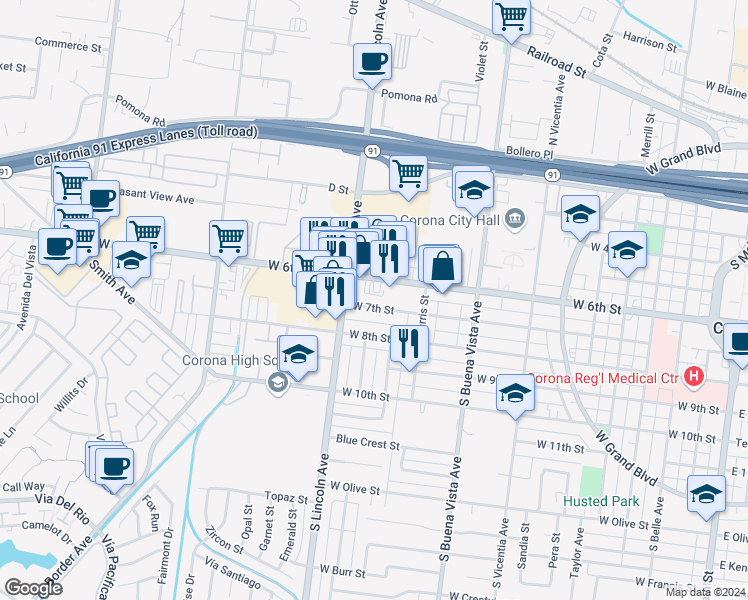 map of restaurants, bars, coffee shops, grocery stores, and more near 1045 West 7th Street in Corona