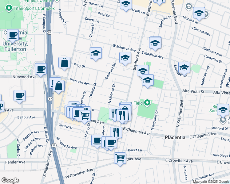 map of restaurants, bars, coffee shops, grocery stores, and more near 227 Orchid Drive in Placentia