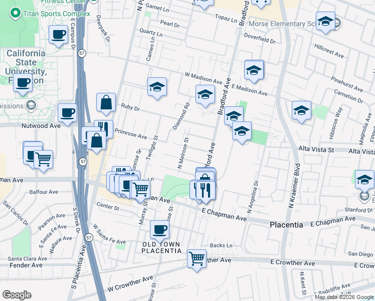 map of restaurants, bars, coffee shops, grocery stores, and more near 227 Orchid Drive in Placentia