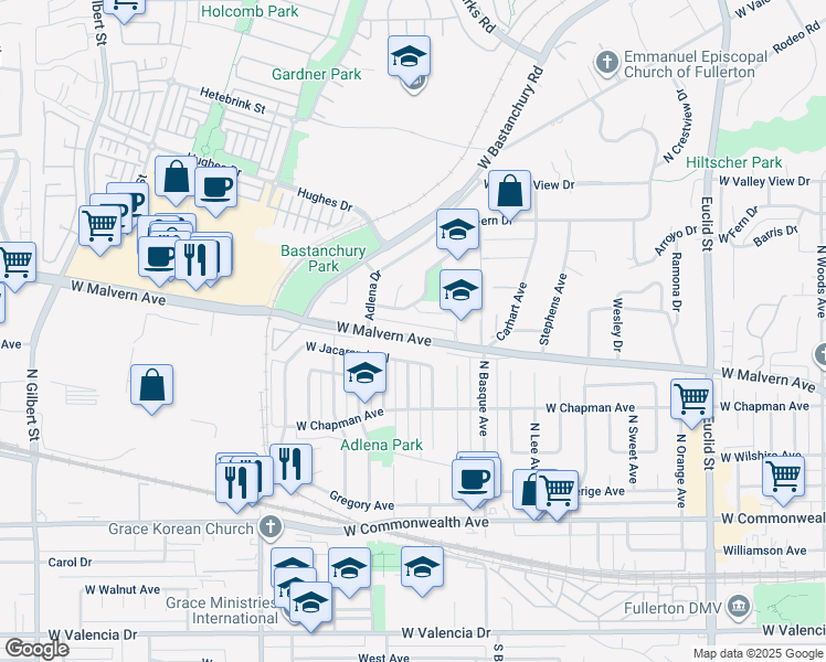 map of restaurants, bars, coffee shops, grocery stores, and more near 1725 West Malvern Avenue in Fullerton