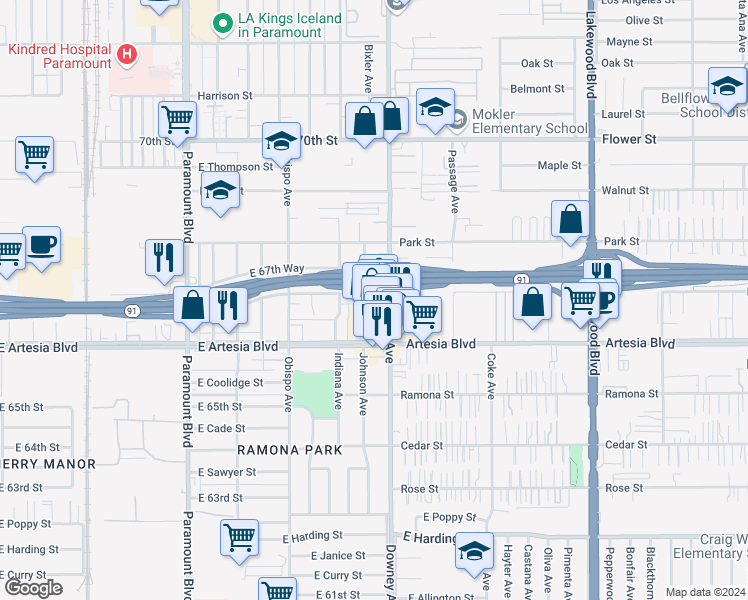 map of restaurants, bars, coffee shops, grocery stores, and more near 6693 Downey Avenue in Long Beach