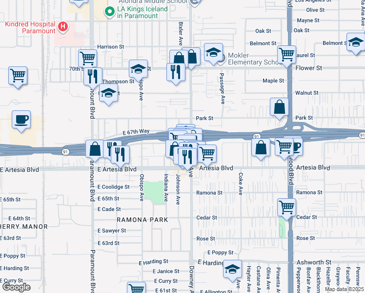 map of restaurants, bars, coffee shops, grocery stores, and more near 6693 Downey Avenue in Long Beach