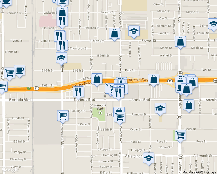 map of restaurants, bars, coffee shops, grocery stores, and more near 6660 Indiana Avenue in Long Beach