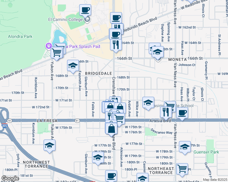 map of restaurants, bars, coffee shops, grocery stores, and more near 17018 Crenshaw Boulevard in Torrance