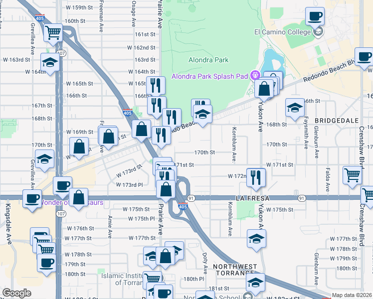 map of restaurants, bars, coffee shops, grocery stores, and more near 3850 170th Street in Torrance