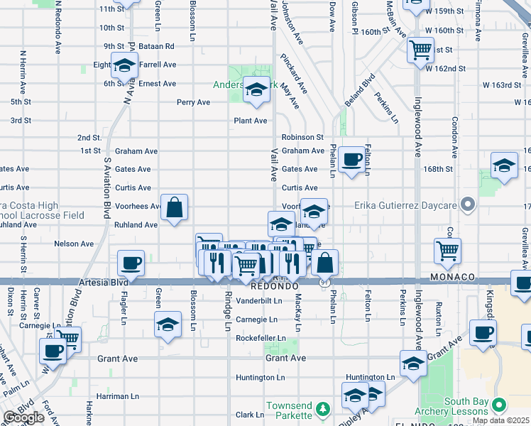 map of restaurants, bars, coffee shops, grocery stores, and more near 2221 Ruhland Avenue in Redondo Beach