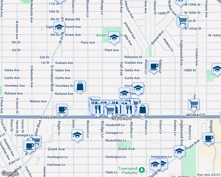 map of restaurants, bars, coffee shops, grocery stores, and more near 2221 Ruhland Avenue in Redondo Beach