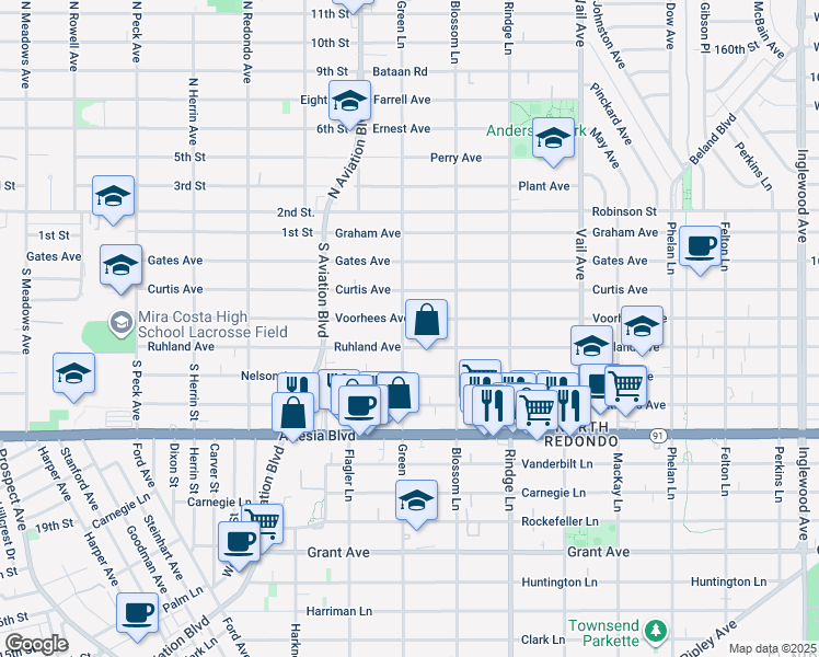 map of restaurants, bars, coffee shops, grocery stores, and more near 1935 Ruhland Avenue in Redondo Beach