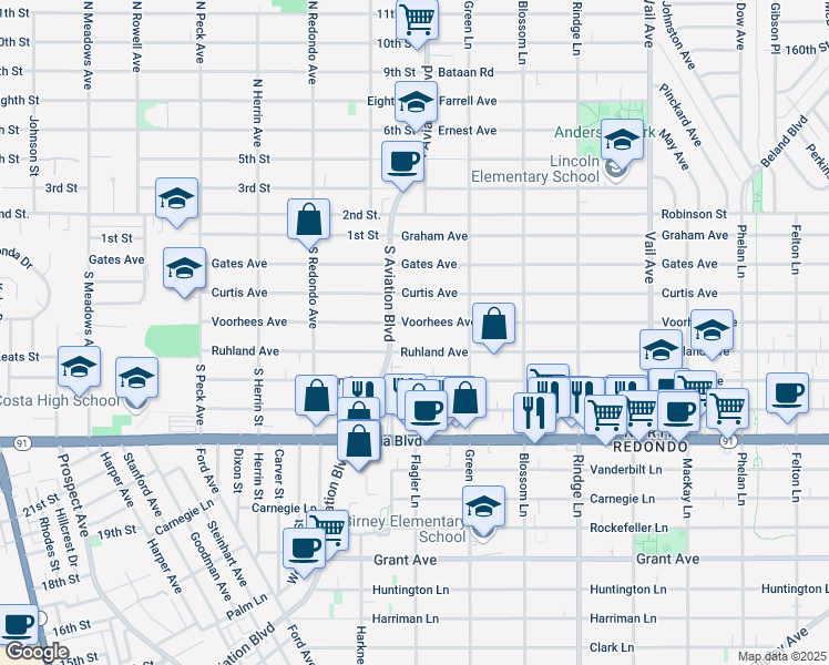 map of restaurants, bars, coffee shops, grocery stores, and more near 1919 Ruhland Avenue in Redondo Beach