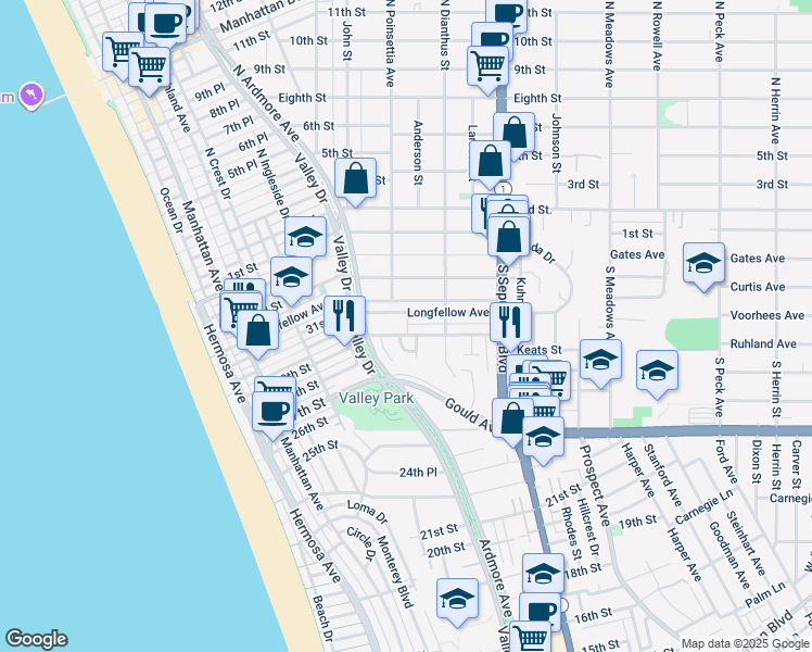 map of restaurants, bars, coffee shops, grocery stores, and more near 643 30th Street in Hermosa Beach