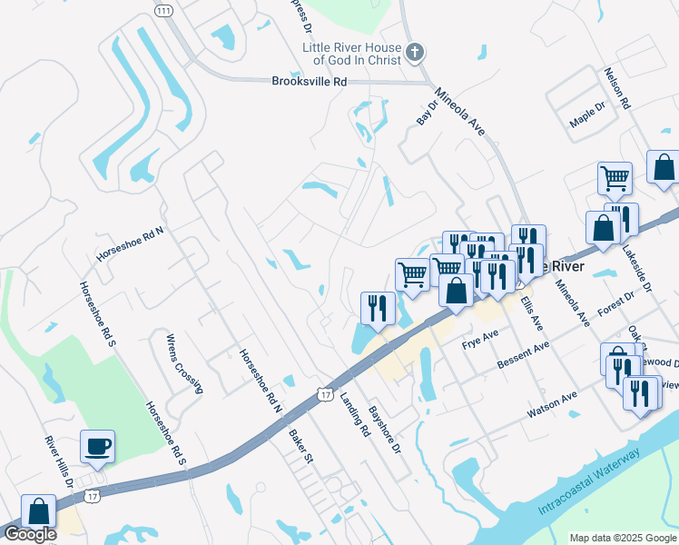 map of restaurants, bars, coffee shops, grocery stores, and more near Q-4 Pinehurst Circle in Little River