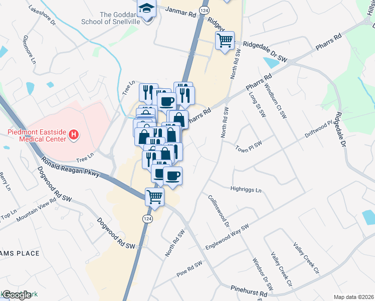 map of restaurants, bars, coffee shops, grocery stores, and more near 1858 Valley View Rd in Snellville