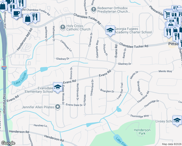 map of restaurants, bars, coffee shops, grocery stores, and more near 3796 Evans Road in Doraville