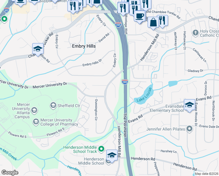 map of restaurants, bars, coffee shops, grocery stores, and more near 3073 Henderson Mill Road in Chamblee