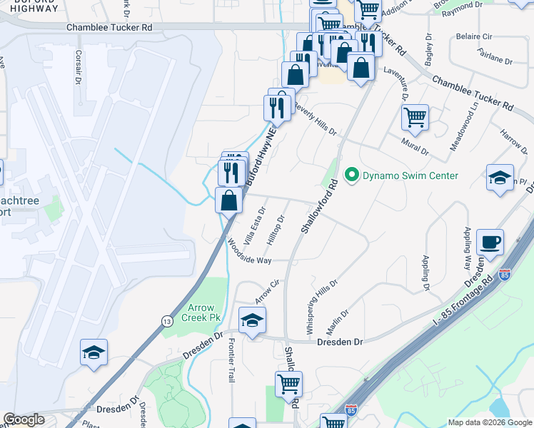 map of restaurants, bars, coffee shops, grocery stores, and more near 3013 Villa Esta Drive in Chamblee