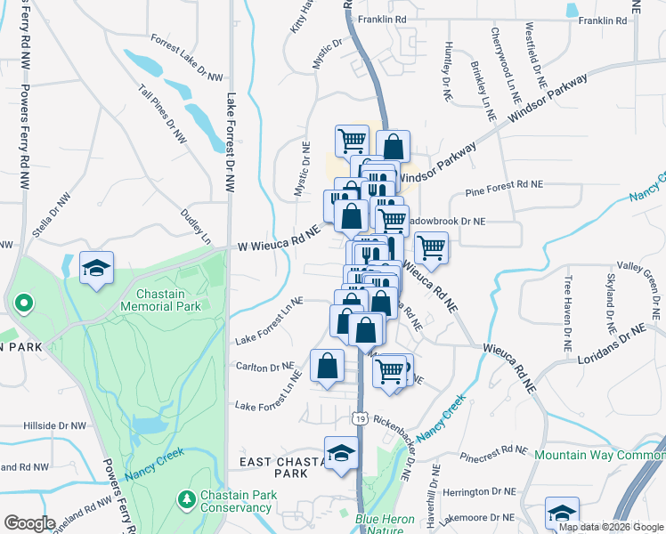 map of restaurants, bars, coffee shops, grocery stores, and more near 4701 Wieuca Road Northeast in Atlanta