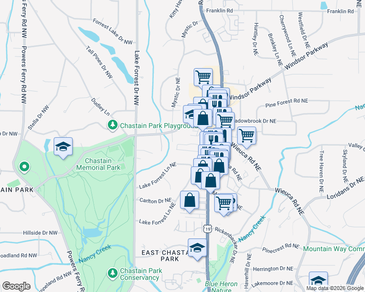 map of restaurants, bars, coffee shops, grocery stores, and more near 4776 Wieuca Road Northeast in Atlanta