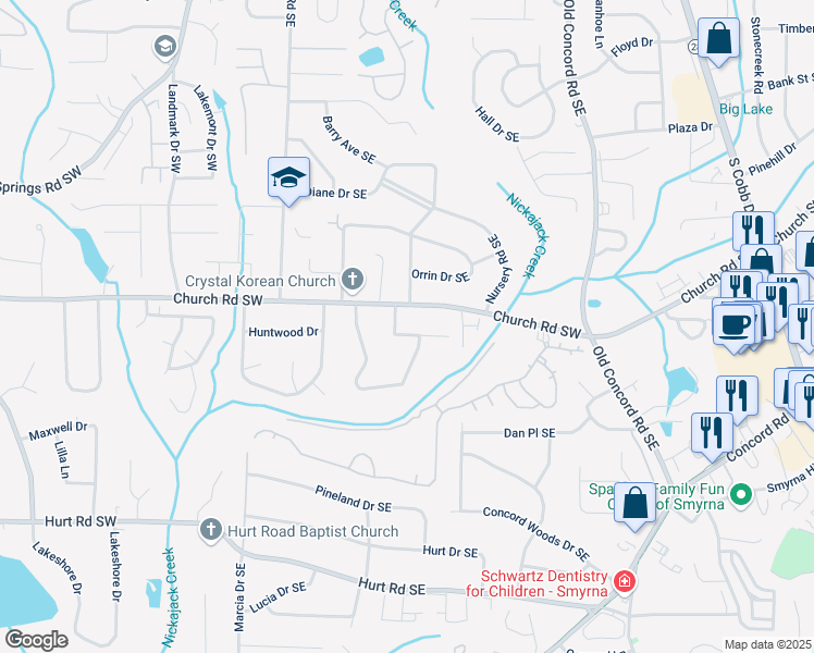 map of restaurants, bars, coffee shops, grocery stores, and more near 243 Woodview Lane in Smyrna