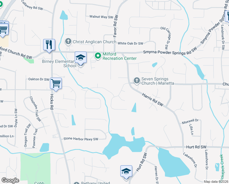 map of restaurants, bars, coffee shops, grocery stores, and more near 600 Village Lane Drive Southwest in Marietta