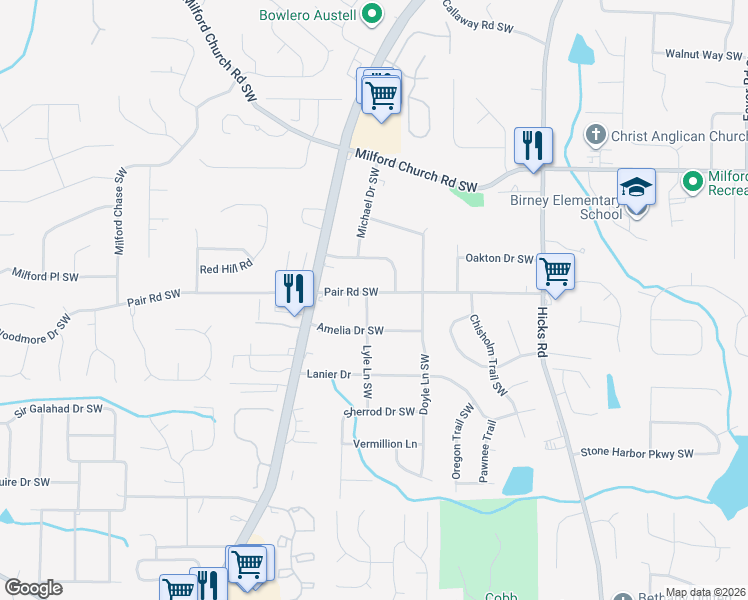 map of restaurants, bars, coffee shops, grocery stores, and more near 1113 Pair Road Southwest in Marietta