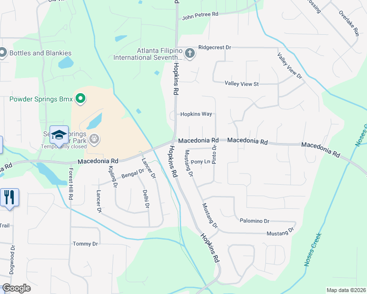 map of restaurants, bars, coffee shops, grocery stores, and more near 3191 Hopkins Road in Powder Springs
