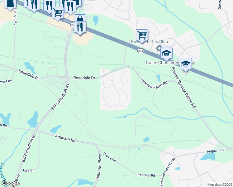map of restaurants, bars, coffee shops, grocery stores, and more near 184 Chamberlyn Lane in Hiram