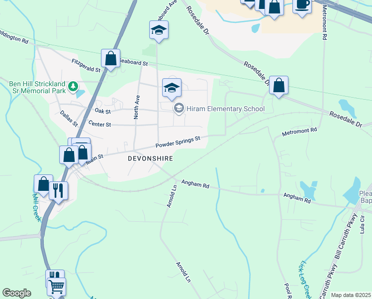 map of restaurants, bars, coffee shops, grocery stores, and more near 208 Powder Springs Street in Hiram