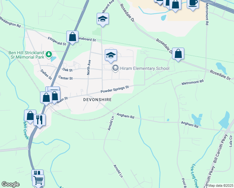 map of restaurants, bars, coffee shops, grocery stores, and more near 208 Powder Springs Street in Hiram