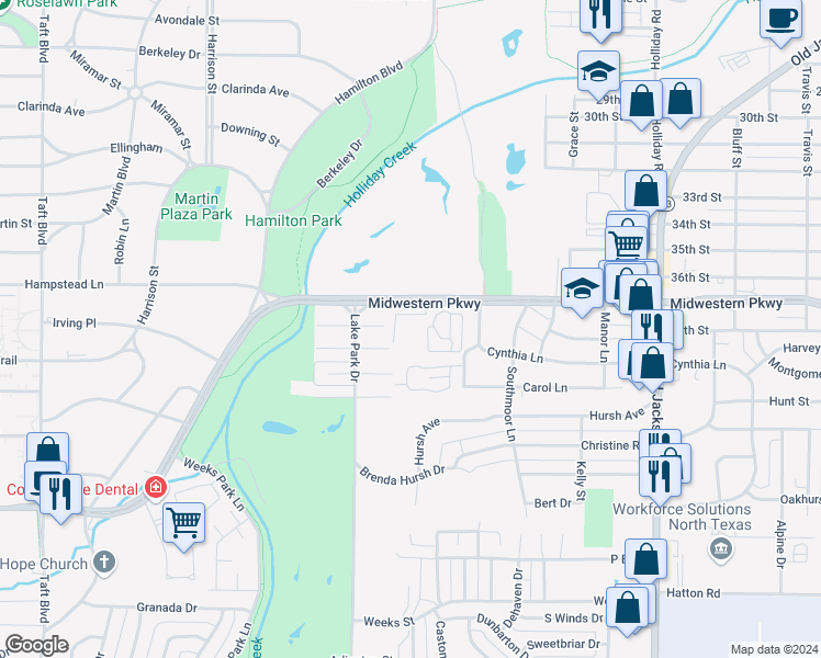 map of restaurants, bars, coffee shops, grocery stores, and more near 1717 Midwestern Parkway in Wichita Falls