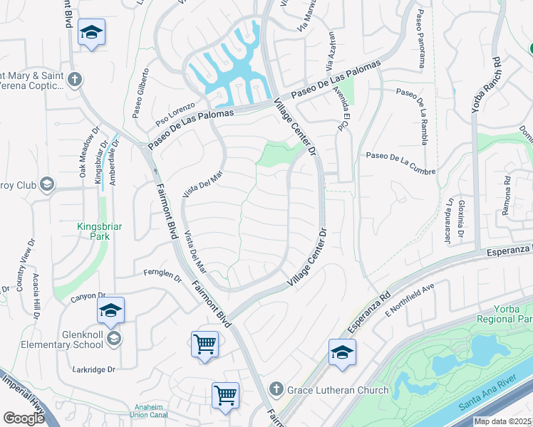 map of restaurants, bars, coffee shops, grocery stores, and more near 20450 Vía Canarias in Yorba Linda