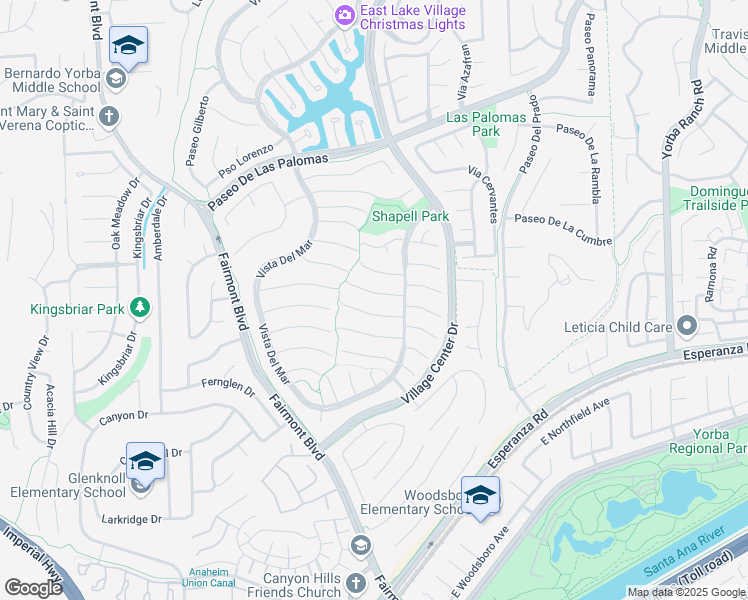 map of restaurants, bars, coffee shops, grocery stores, and more near 20450 Vía Canarias in Yorba Linda