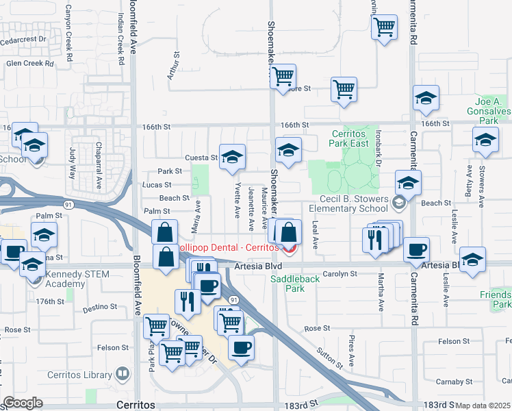 map of restaurants, bars, coffee shops, grocery stores, and more near 17109 Maurice Avenue in Cerritos