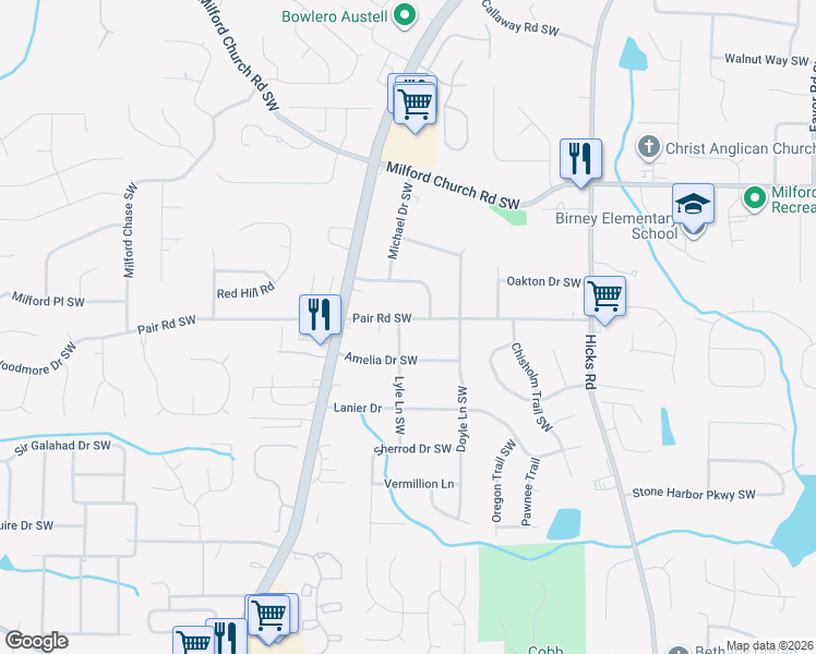 map of restaurants, bars, coffee shops, grocery stores, and more near 1113 Pair Road Southwest in Marietta