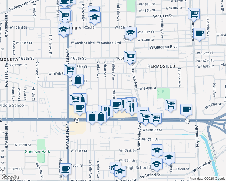 map of restaurants, bars, coffee shops, grocery stores, and more near 1504 West 170th Street in Gardena