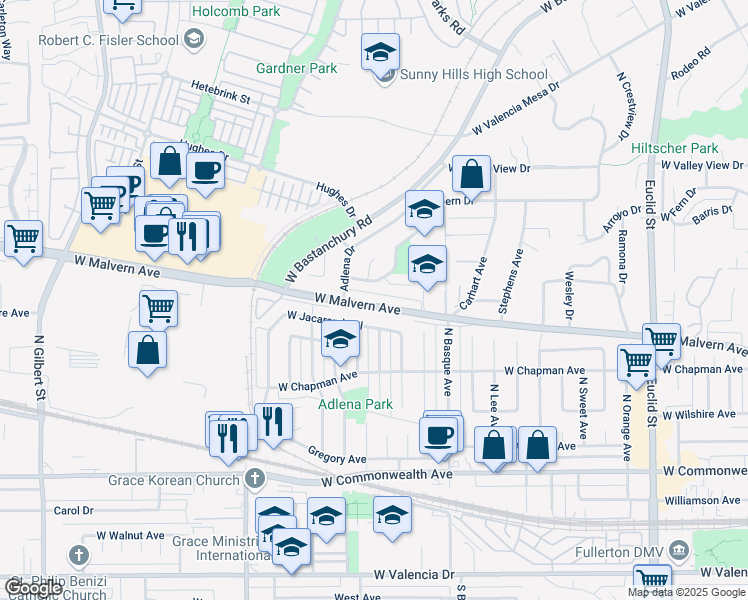 map of restaurants, bars, coffee shops, grocery stores, and more near 1725 West Malvern Avenue in Fullerton