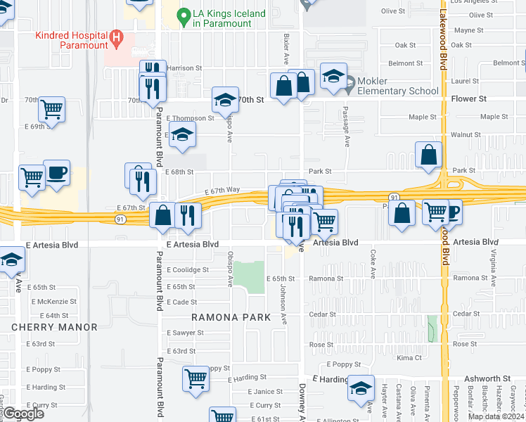 map of restaurants, bars, coffee shops, grocery stores, and more near 3340 East 67th Street in Long Beach