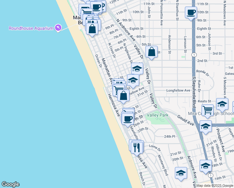 map of restaurants, bars, coffee shops, grocery stores, and more near 137 33rd Street in Hermosa Beach