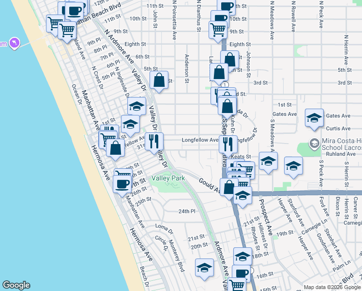 map of restaurants, bars, coffee shops, grocery stores, and more near 643 30th Street in Hermosa Beach