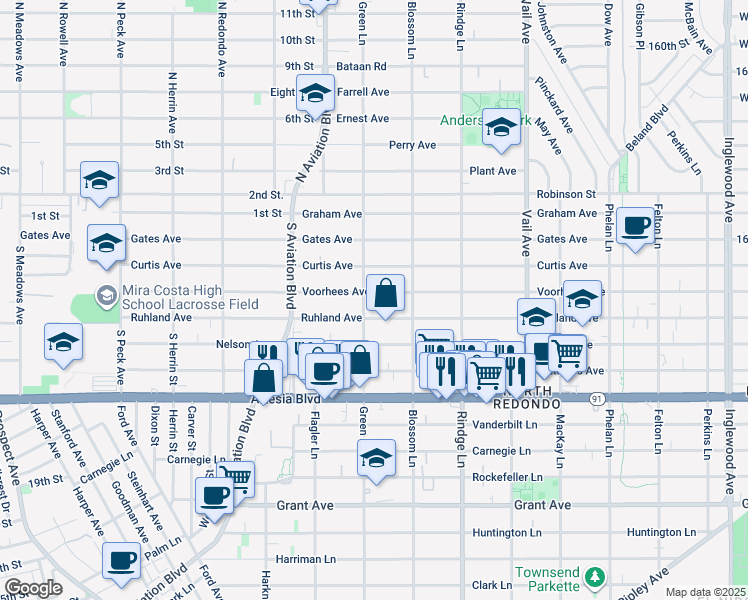 map of restaurants, bars, coffee shops, grocery stores, and more near 2004 Voorhees Avenue in Redondo Beach