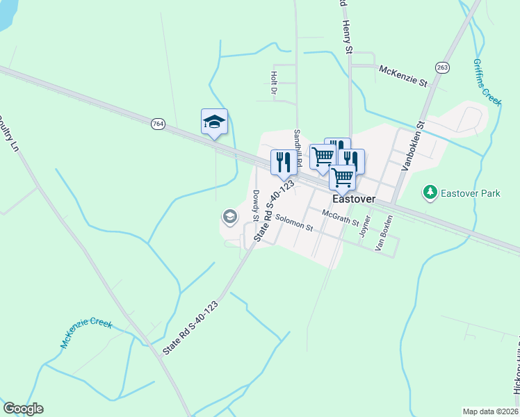 map of restaurants, bars, coffee shops, grocery stores, and more near 200 Dowdy Street in Eastover