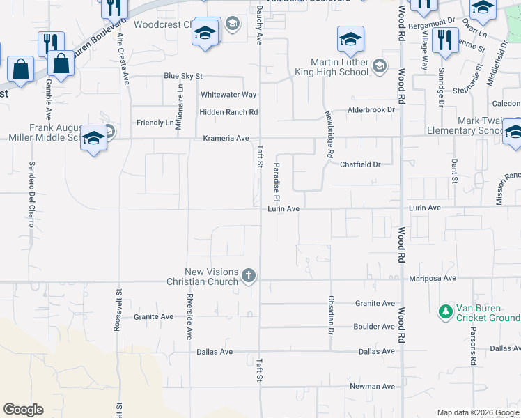 map of restaurants, bars, coffee shops, grocery stores, and more near 16751 Taft Street in Riverside