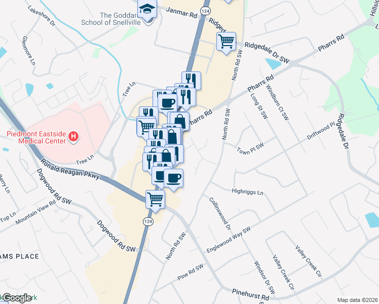 map of restaurants, bars, coffee shops, grocery stores, and more near 1858 Valley View Rd in Snellville