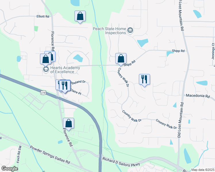 map of restaurants, bars, coffee shops, grocery stores, and more near 3127 Ramblewood Court in Powder Springs